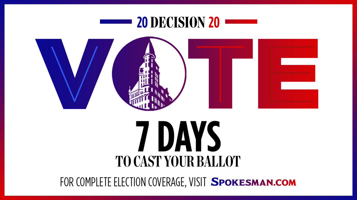 SpokesmanReview's tweet image. There are 7 days left until Election Day. Please be sure to get your ballot postmarked by Nov. 3. For more details on the 2020 Election, click here: spokesman.com/elections/