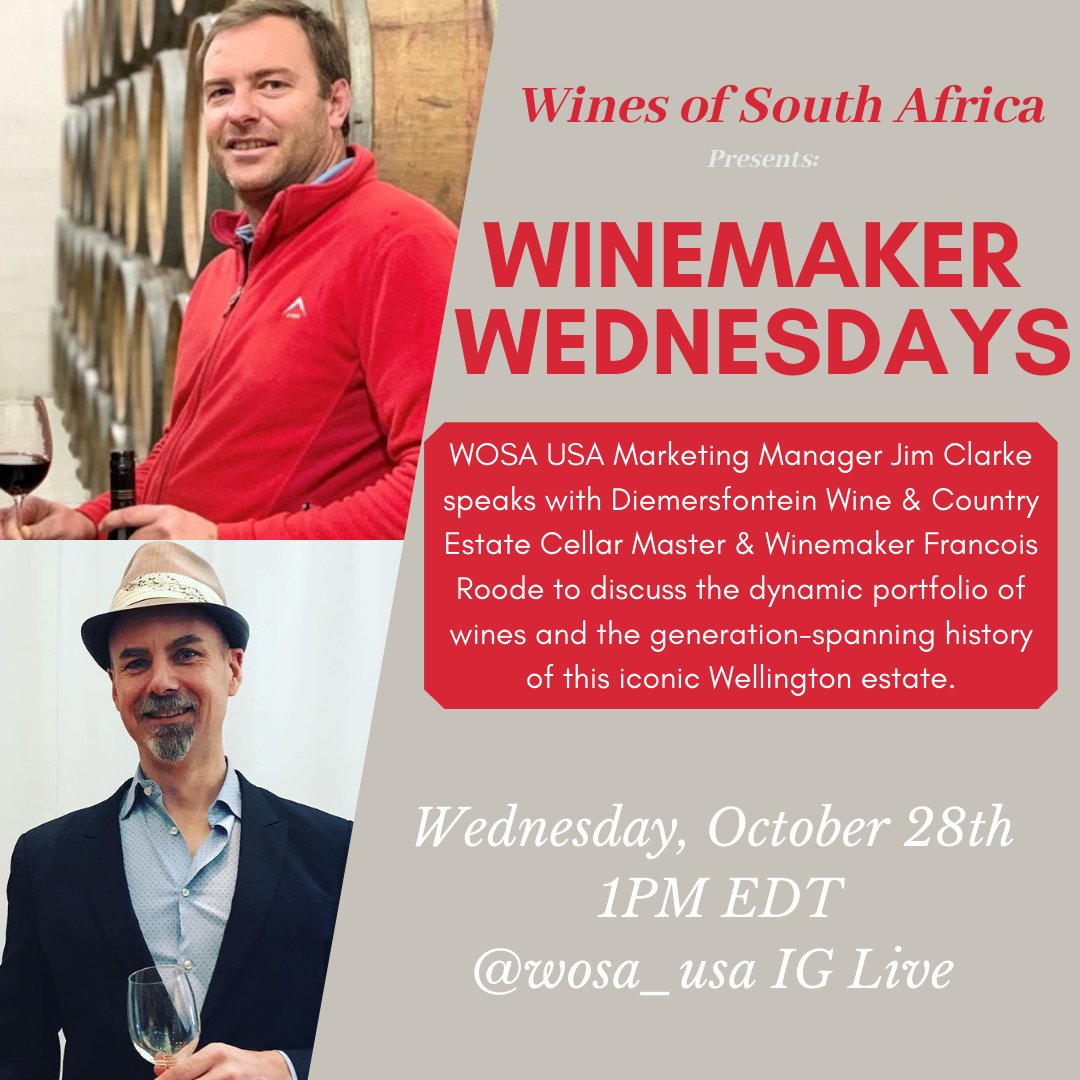 Wines of S. Africa (@wosa_usa) on Twitter photo WOSA USA Marketing Manager @jimwinebeer speaks with <a href="/Diemersfontein/">Diemersfontein</a> Cellar Master & Winemaker Francois Roode to discuss the dynamic portfolio of wines and the generation-spanning history of this iconic Wellington estate. Join us this Wed., October 28th at 1 PM ET! WOSA USA Marketing Manager @jimwinebeer speaks with <a href="/Diemersfontein/">Diemersfontein</a> Cellar Master & Winemaker Francois Roode to discuss the dynamic portfolio of wines and the generation-spanning history of this iconic Wellington estate. Join us this Wed., October 28th at 1 PM ET!