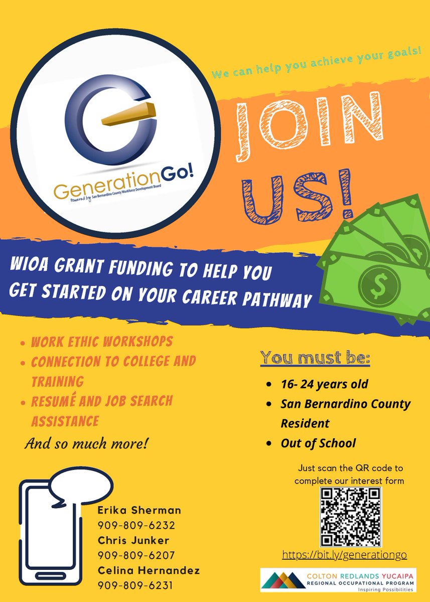 We are currently recruiting 16-24 year old's, who are SB county residents. Here is our promotional material bit.ly/34ADxSV
 Here's the link to fill out our interest form bit.ly/generationgo @InlandEmpireJob <a href="/CRYROP/">CRYROP</a> <a href="/CjusdAdultEd/">CJUSD Adult Education (CJAE)</a> <a href="/YucaipaAdult/">Yucaipa Adult School</a> <a href="/RedlandsAdult/">Redlands Adult</a>