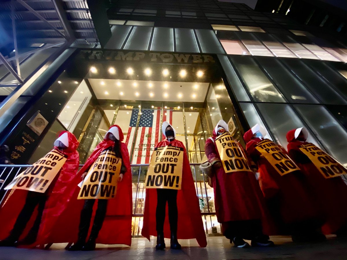 RevComCorpsNYC's tweet photo. Handmaids in front of #fascistfeces @realDonaldTrump tower.
No Confirmation of Amy Coney Barrett!
#TRUMPPENCEOUTNOW
#NoFascistSCOTUS https://t.co/Wh9RuOM3Lu