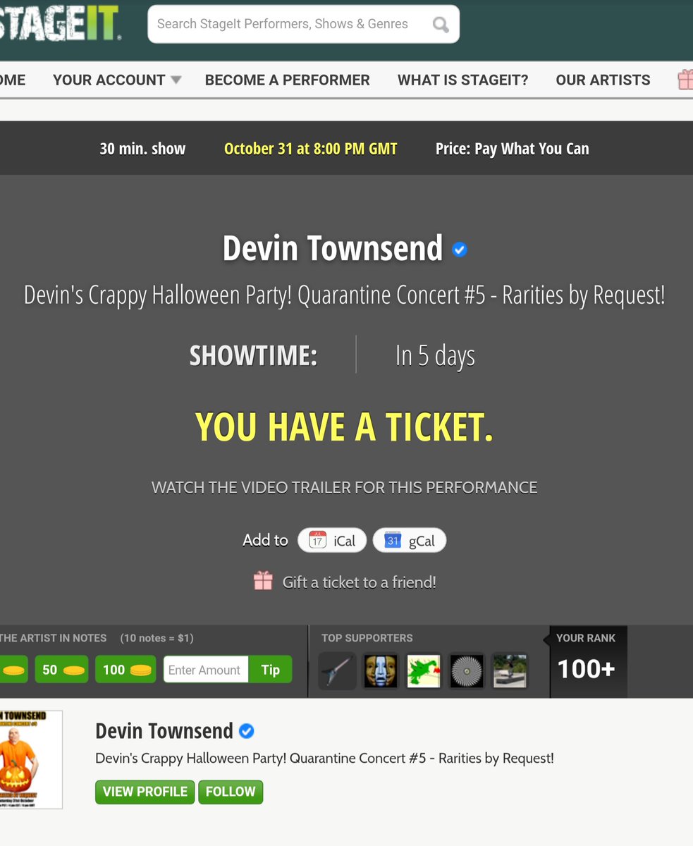 Don't forget, this Saturday at 8pm GMT there's a crappy Halloween show with <a href="/dvntownsend/">Devin Townsend</a> and chums, so do what I did and buy a ticket, join the fun.

stageit.com/devin_townsend…
