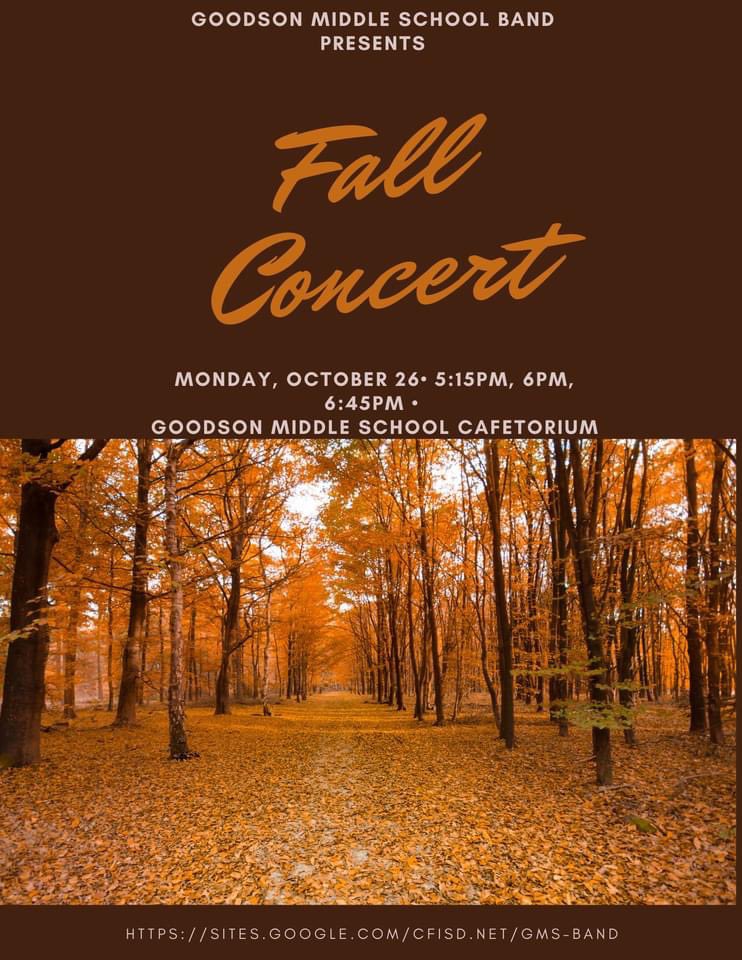 GoodsonMSBand's tweet photo. Don’t forget to join us for our fall concert tonight!! Live streamed on Facebook at 6 for Symphonic Band and 6:45 for Symphonic Winds ☺️☺️❤️❤️ https://t.co/vMa5UaOQrr