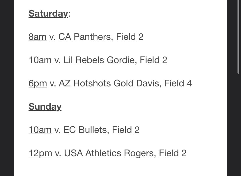 Here is the schedule for this weekend in AZ!! So excited to travel and compete again! @SCAs_Briggs <a href="/coachbriggze/">Ken Briggs</a> <a href="/UNCSoftball/">Carolina Softball</a> <a href="/StanfordSball/">Stanford Softball</a> <a href="/CSUSoftball/">Colorado State Softball</a> <a href="/PackSoftball/">NC State Softball</a> <a href="/psuviksSB/">Portland State Softball</a> <a href="/mmhs_softball/">Murrieta Mesa Softball</a> <a href="/Los_Stuff/">Carlos Arias</a> <a href="/ondecksoftball/">OnDeck Softball 🥎</a> <a href="/ExtraInningSB/">EXTRA INNING SOFTBALL</a>