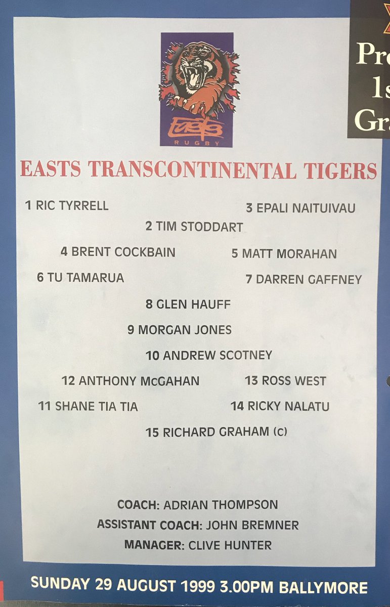 HulaBulaJim's tweet photo. The premiers from Easts were drinking π» in the rafters at Tiger Town πΎ after this 1999 grand final win. A few future coaches, a sprinter + a Welsh Test lock-to-be in the ranks #GFWeek #ClassicRugbyPrograms @EastsRugbyUnion @breenie9 @Reds_Rugby https://t.co/P4j9u9ciik