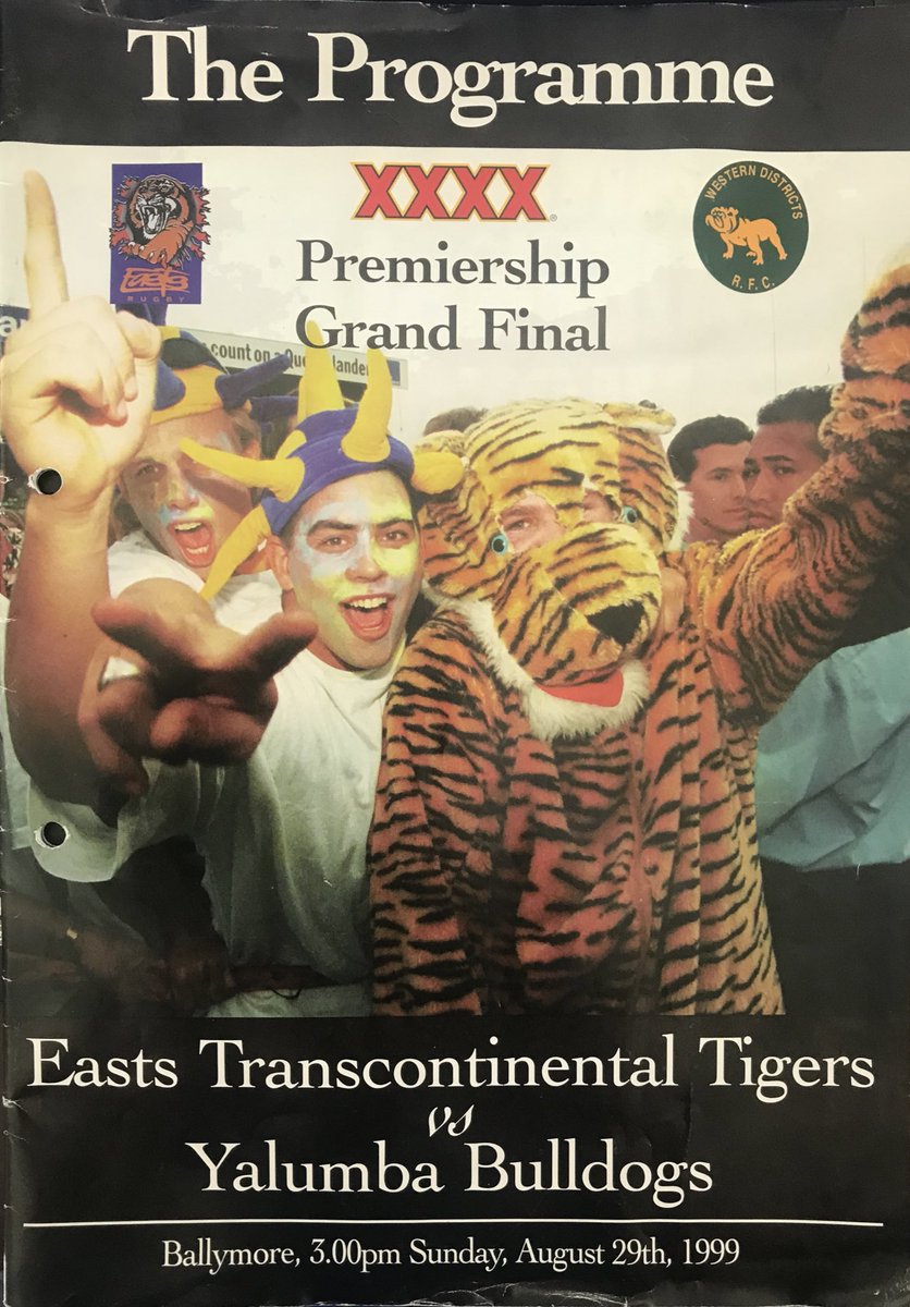 HulaBulaJim's tweet photo. The premiers from Easts were drinking π» in the rafters at Tiger Town πΎ after this 1999 grand final win. A few future coaches, a sprinter + a Welsh Test lock-to-be in the ranks #GFWeek #ClassicRugbyPrograms @EastsRugbyUnion @breenie9 @Reds_Rugby https://t.co/P4j9u9ciik