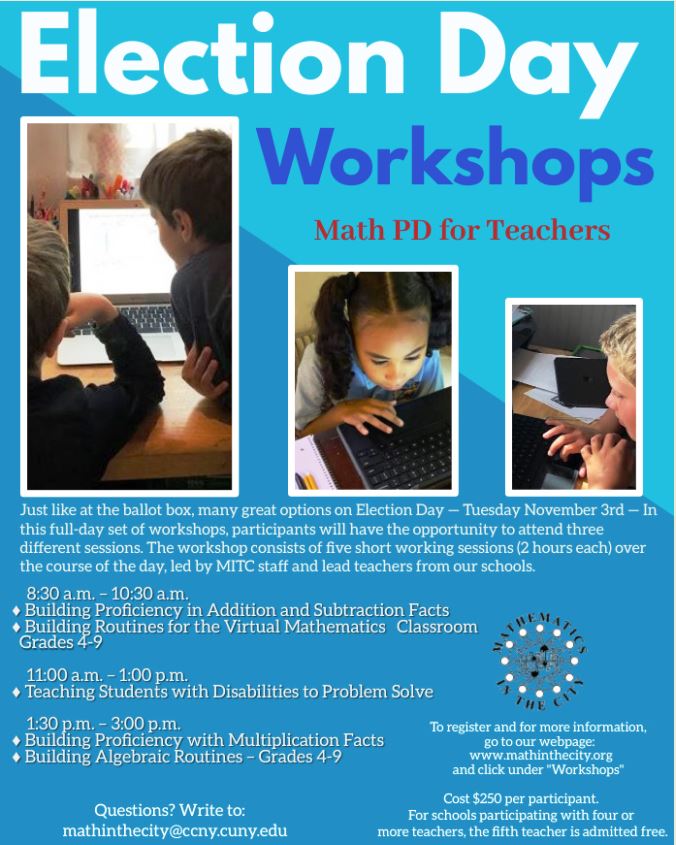 Join us for our upcoming virtual Election Day Workshops on Tuesday November 3rd. Register here: bit.ly/2HEddOo #iteachmath #elemmathchat #mathroutines