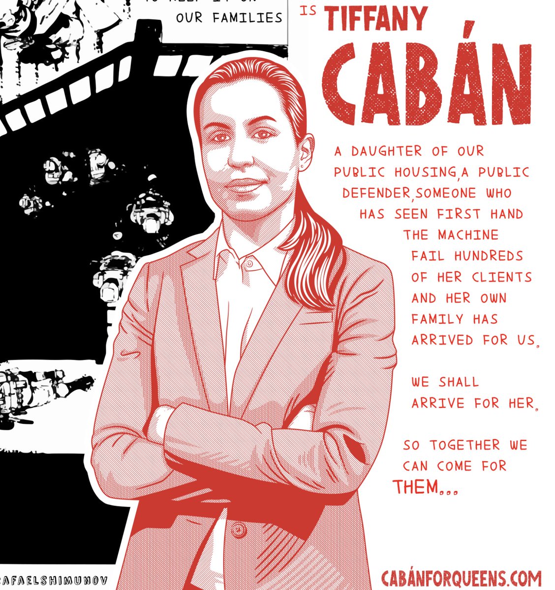 Comic book depiction of Tiffany as public defender.