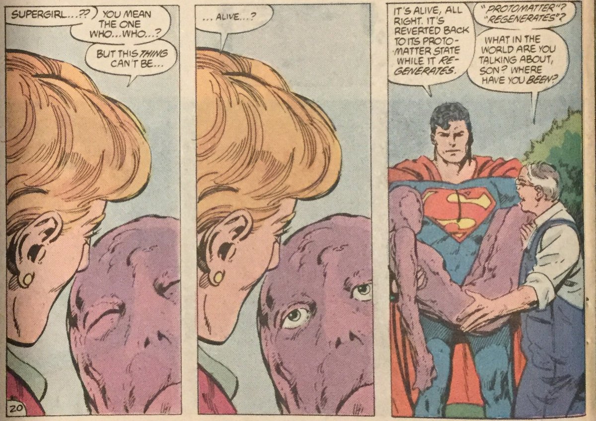 The climax of the story in Superman #23 saw this Supergirl reduced back to "Matrix", her original state, and given to the Kents to take care of. And then Byrne left the titles, leaving this mess for anyone to handle as they saw fit.