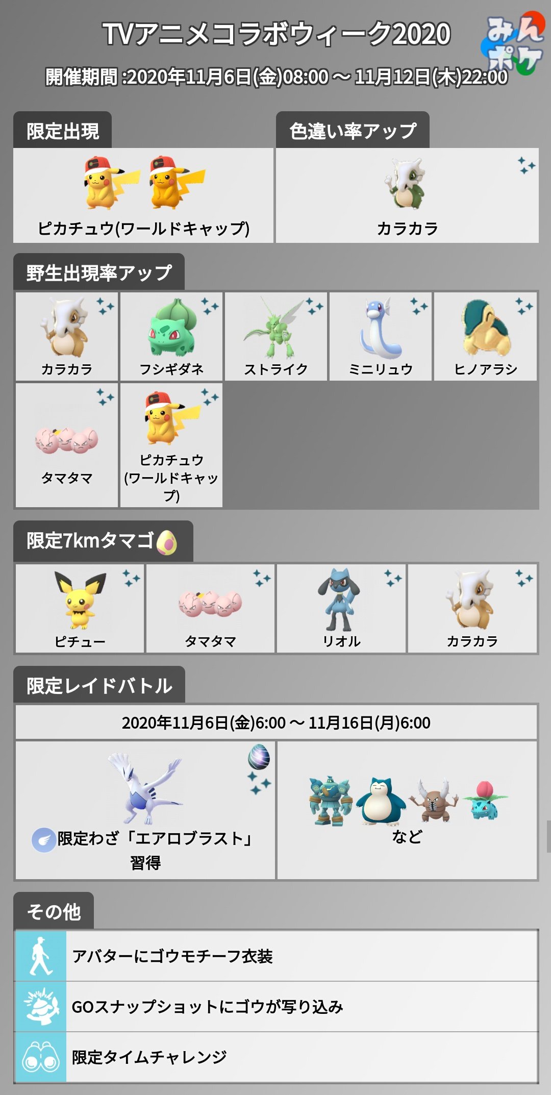 ポケモンgo攻略 みんポケ Tvアニメコラボウィークが開催決定 ワールドキャップピカチュウが出現し カラカラ色違いの 出現率がアップします T Co Hl94b26umo ポケモンgo T Co Yvgsbcerh3 Twitter