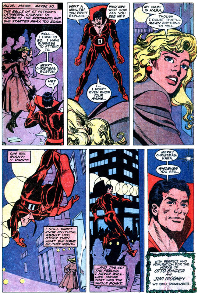 I would also be remiss if I didn't mention Christmas with the Superheroes #2, 1989 in which Alan Brennert and Stephan deStephano told the story of Deadman meeting a strange blonde girl on christmas. And I'll let this final page speak for itself because goddamn.