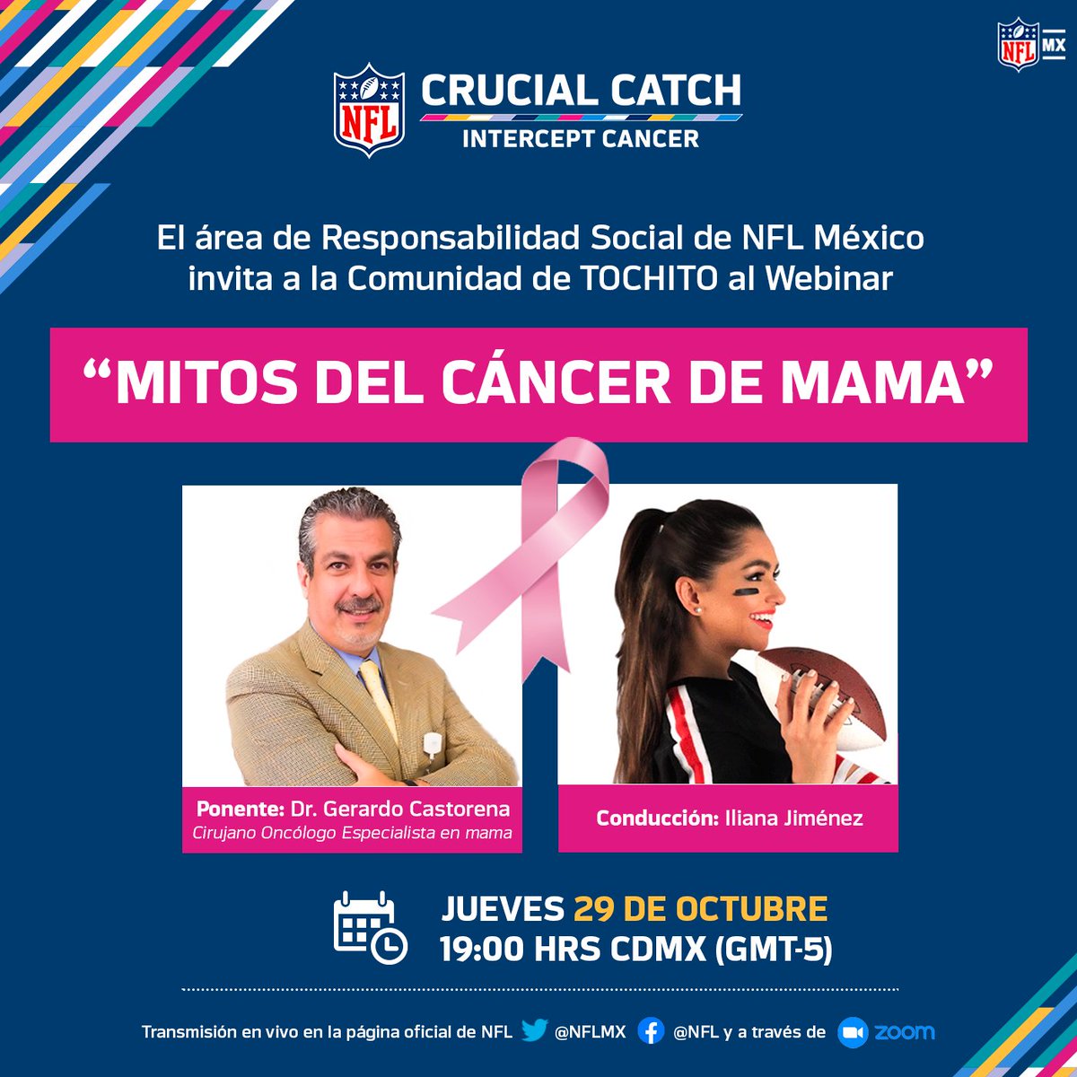nflmx's tweet photo. La prevención y la información pueden salvar vidas, ¡te invitamos el 29 de oct. a nuestro webinar “Mitos del cáncer de mama” con el Dr. Gerardo Castorena y conducido por @IliJimeneza!

Velo GRATIS en FB Live, TW o por Zoom a través de este link ➡️https://t.co/MRMIzxWC0x

#NFLMX https://t.co/93d6frerPq