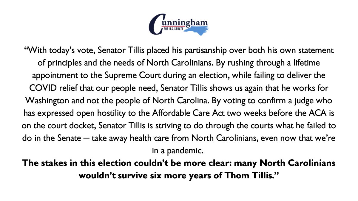 CalforNC's tweet photo. My statement on the Senate's confirmation of Judge Amy Coney Barrett to the Supreme Court: https://t.co/7RXtNXxJrZ