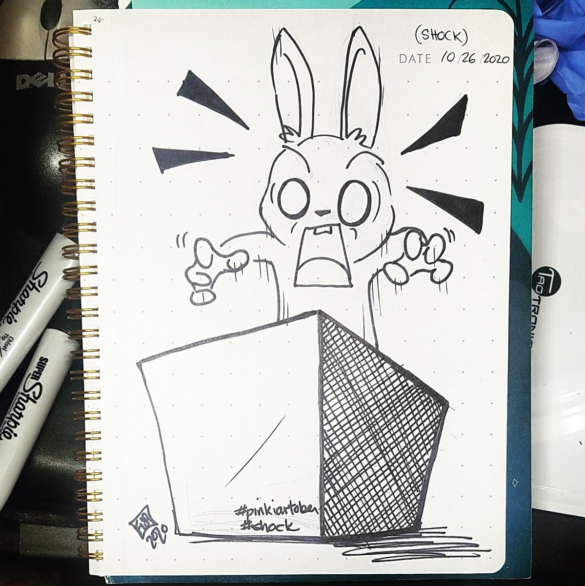 pinkiarts's tweet photo. Day 26 - Shock. "WHAT'S IN THE BOX?!" 
.
#pinkiartober #pinkiart #lennaxreina #se7en #shock #blackandwhite #box #marker #bunny https://t.co/OfRXCPS0p8