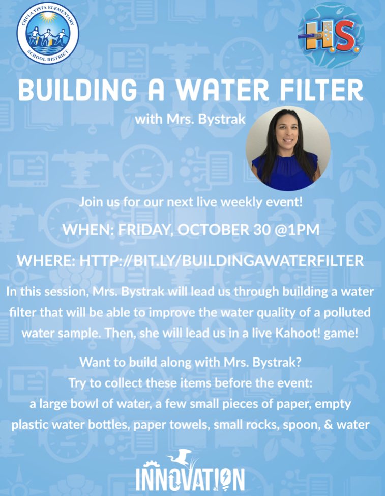 Join us for our next innovation live event this Friday at 1PM PST as <a href="/CV_HydroSt/">Hydro Station</a> teacher, <a href="/BystrakChristy/">Christy Bystrak</a>, shows us how to build a water filter with household items and then leads us through a live <a href="/GetKahoot/">Follow @Kahoot</a> game! Join here: bit.ly/buildingawater… #HSLearns