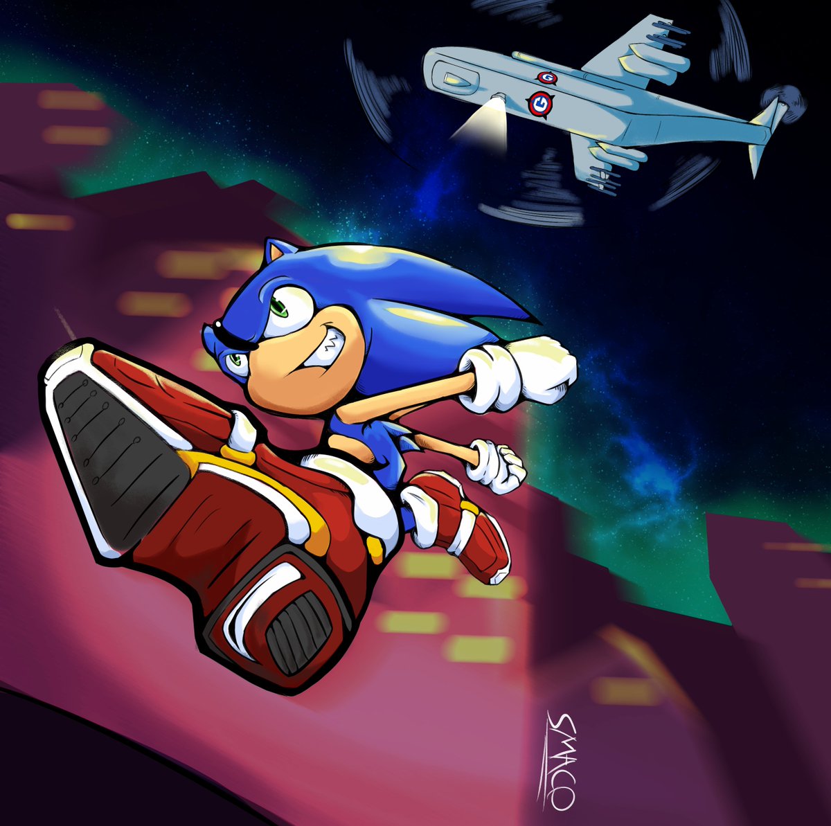 ArtsSmaco's tweet photo. I said, let's pick a simple character and do a difficult angle… and the thing kinda exploded.
Of COURSE I had to give him the SA2 shoes, why you ask?
#sonic #sonicthehedgehog #SA2 #sonicAdventure #Fanart #Art #illustration #digitalart #octoberart #arthathon #smaco #color https://t.co/uhyI13FWcl
