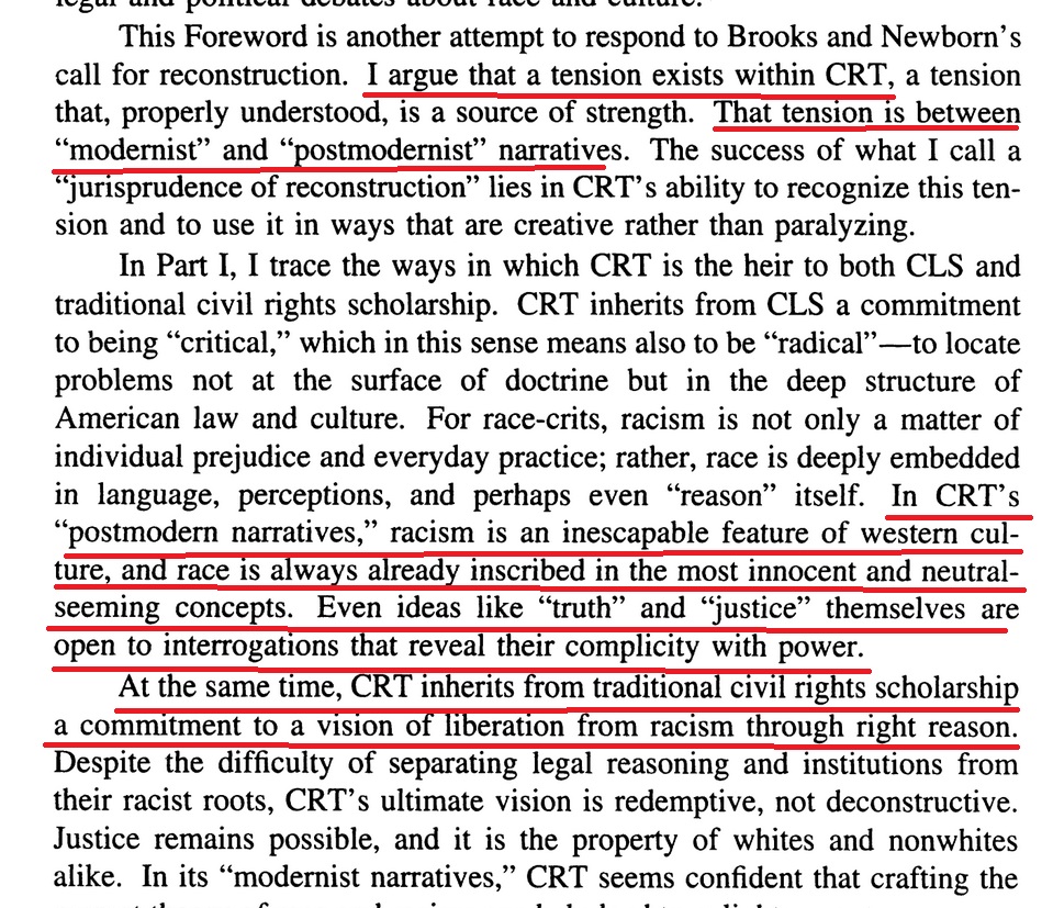 13/In 1994, Critical Race Theorist Angela Harris wrote an article where she acknowledges that postmodernism is at odds with enlightenment liberalism. In fact, she calls that fact a "tension," and claims that tension is actually a strength to have "two kinds of narratives"