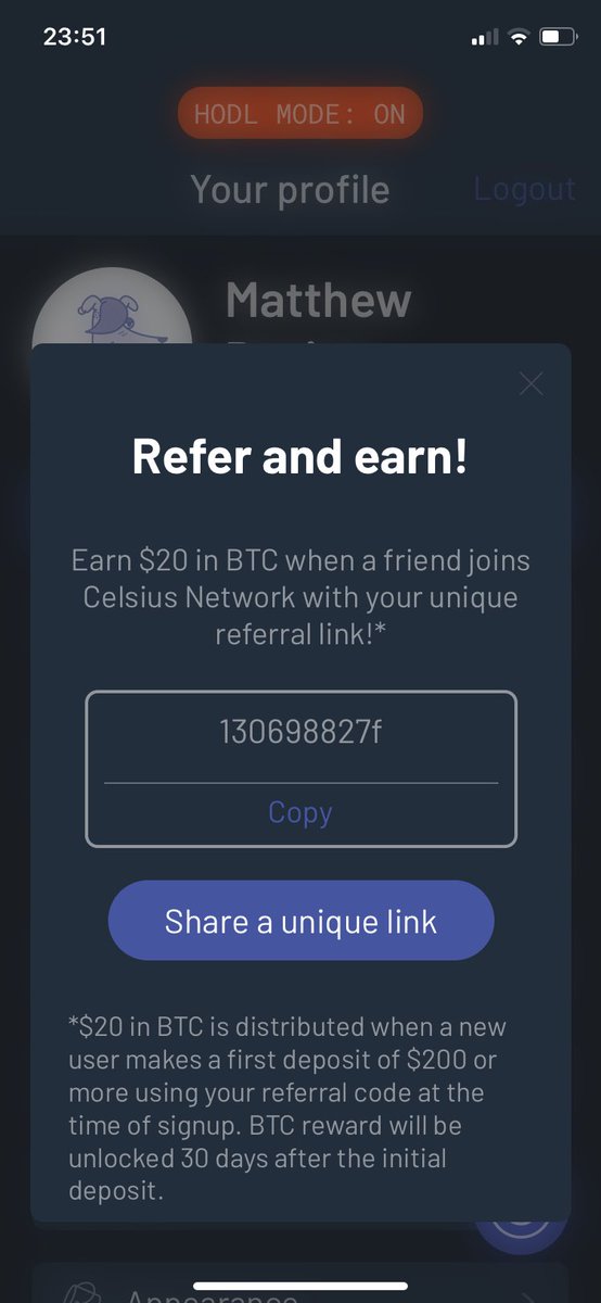 GeodbC's tweet photo. @Mashinsky Use my code for 20$ free when you first deposit 200$+ within Celsius! https://t.co/gFE60yCUd3