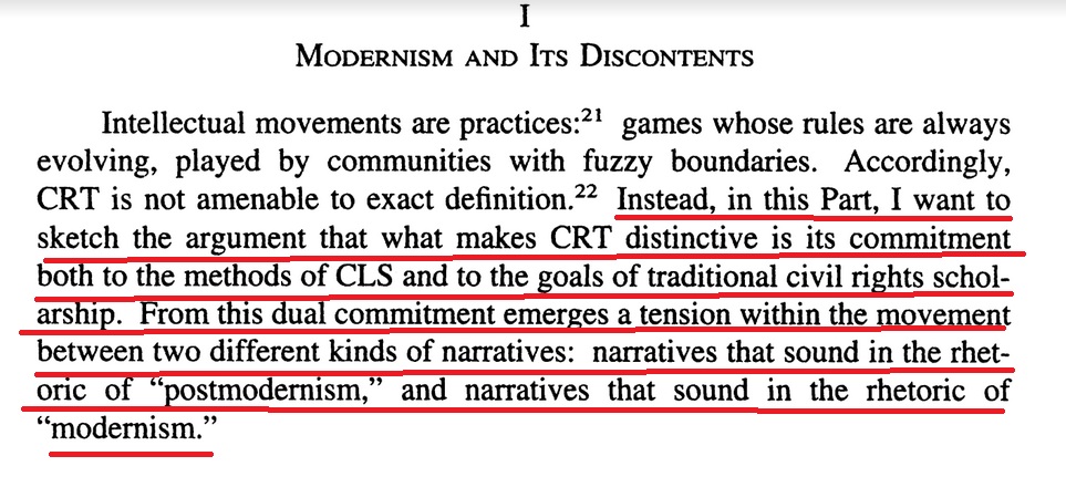 13/In 1994, Critical Race Theorist Angela Harris wrote an article where she acknowledges that postmodernism is at odds with enlightenment liberalism. In fact, she calls that fact a "tension," and claims that tension is actually a strength to have "two kinds of narratives"