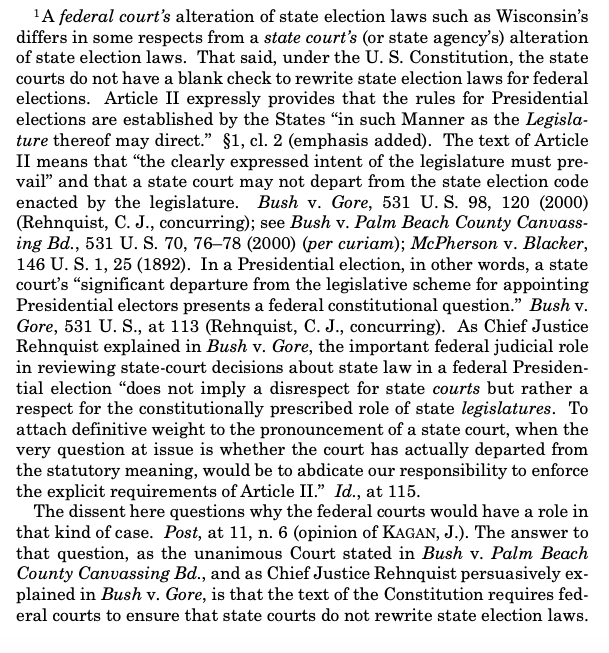 Holy shit—Brett Kavanaugh just endorsed Rehnquist's concurrence in Bush v. Gore, which was too extreme for Kennedy or O'Connor.This is a red alert. I can't believe he put it in a footnote. This is terrifying.  https://assets.documentcloud.org/documents/7276432/10-26-20-DNC-v-Wisconsin-SCOTUS-Order.pdf