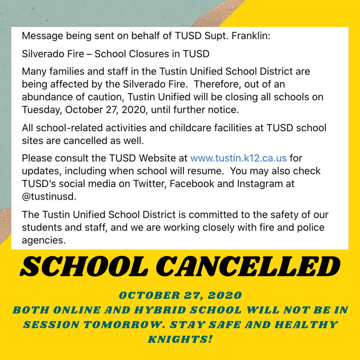 KNIGHTS!! School has been cancelled for Tuesday, October 27th (both hybrid and online). Message us if you have any questions. Stay safe and healthy💛🖤 <a href="/TUSDschools/">Tustin Unified</a>