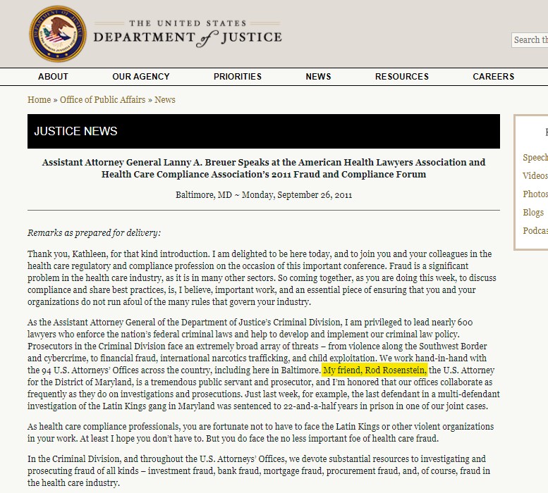 One other individual, Lanny Breuer, who worked with and was friends with Rod in Maryland. Lanny was famous for his role in Fast and Furious. Lanny knew weapons were making it back into the US and Mexico while the DOJ lied to Congress