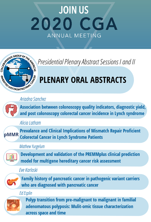 CGAIGC's tweet photo. Here are the 5 abstracts selected for oral plenary presentations at #CGAIGC20! Don't miss it; register at https://t.co/H8qtOSpUqz.
#GITwitter #Polyposis #FAP #Lynchsyndrome
@MattYurgelun @eve_karloski @EdEsplin @SoniaKupfer @GMankaney @DenaTalksDNA @burkegastrodoc @DocStanich https://t.co/QDFMVbqlk3