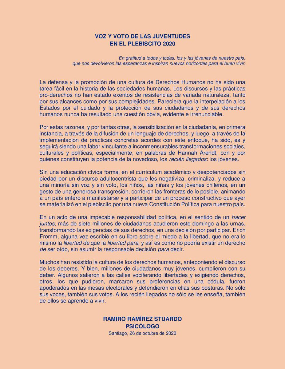 Compartimos columna de nuestro compañero @ramiroramirezst titulada "Voz y voto de las juventudes en el plebiscito 2020". Absolutamente recomendada.