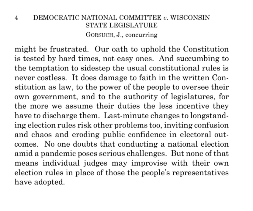Justice Gorsuch: federal courts must not succumb to the "temptation" to protect the right to vote
