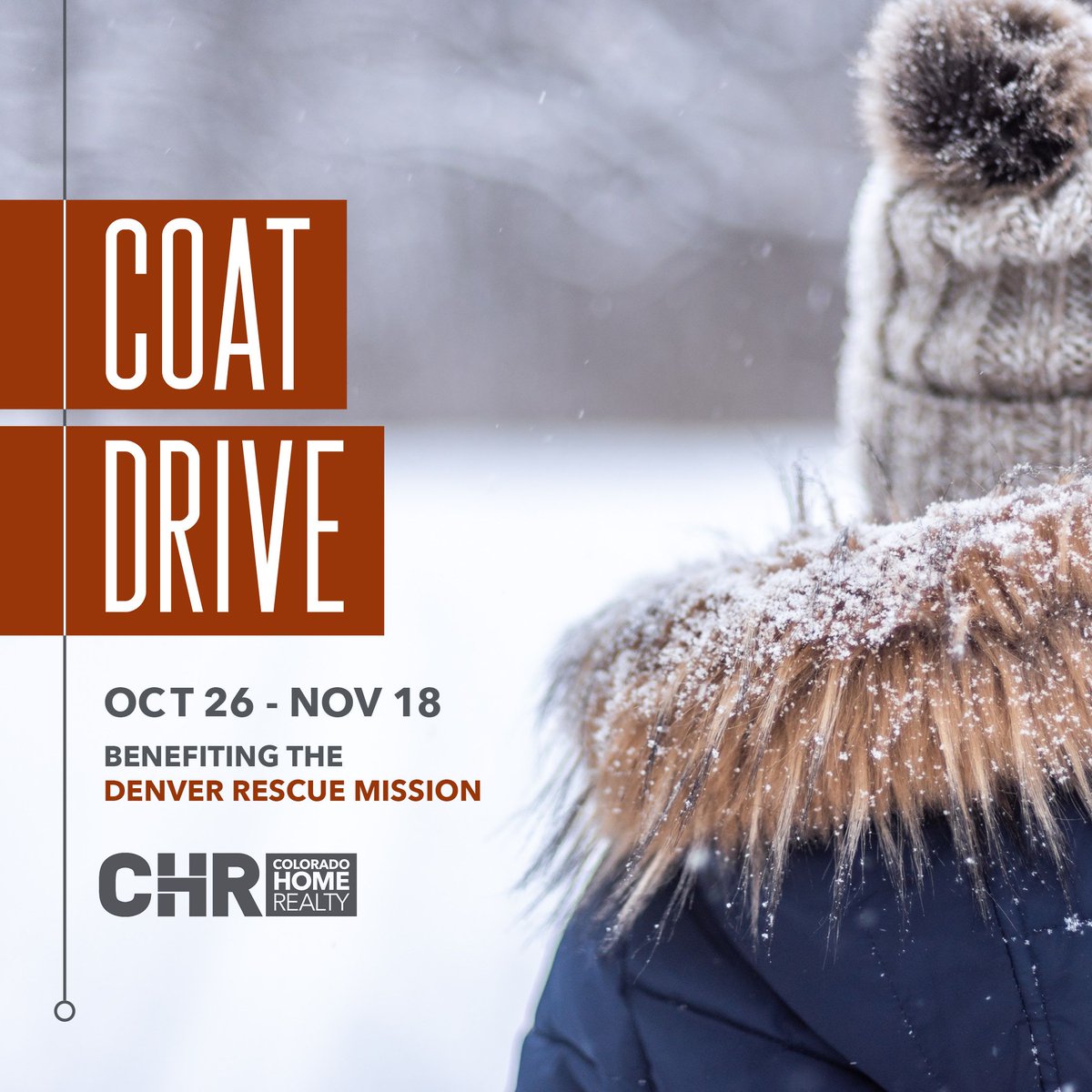 chrtweets's tweet photo. Spread the warmth! Help someone stay warm this winter! CHR's Annual Coat Drive starts Today! From today, October 26th - Wednesday, November 18th, we will be collecting gently used coats (must be clean) to be donated to the Denver Rescue Mission at the Downtown Littleton Office! https://t.co/Bd57PF9kb0