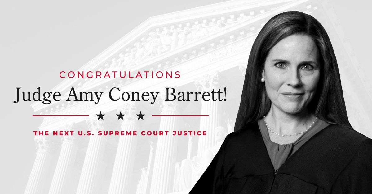 GOP's tweet image. From Judge ➡️ JUSTICE!
 
RT to congratulate the newest member of the United States Supreme Court, Amy Coney Barrett!