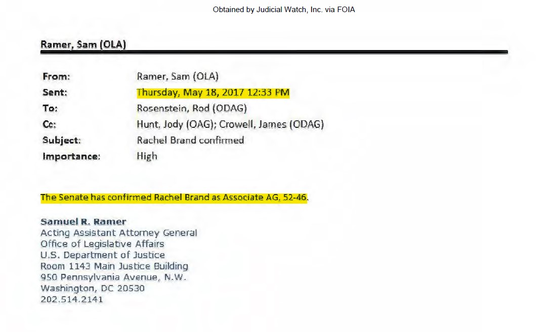 In the emails released by Judicial Watch and the texts from Strozk and Page, it's clear that Rod is working directly with the Senate on prep for the SC. If Rod were to get fired they needed someone in place to take over the SC. So this happened. She was nominated 2/1/17. Odd?