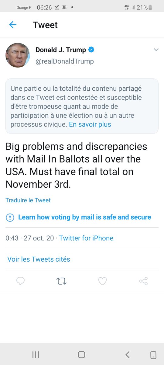 9) Et devinez quoi...l'encre de la décision de la  #CourSuprême à peine sèche, le président  #Trump formulait par tweet- limité depuis- son exigence: pas de bulletins par correspondance comptés après le 3 au soir, les résultats de cette nuit-là doivent être définitifs.