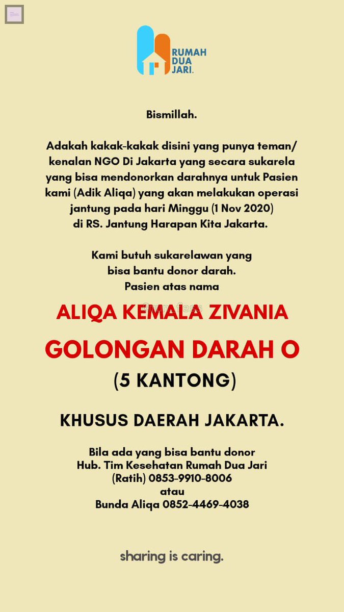 -rl mungkin temen temen ada yang dom jakarta dan golongan darah A mungkin bisa bantu adik pasien saya yang sedang dirawat di RS. jantung harapan kita. Makasih sebelumnyaa