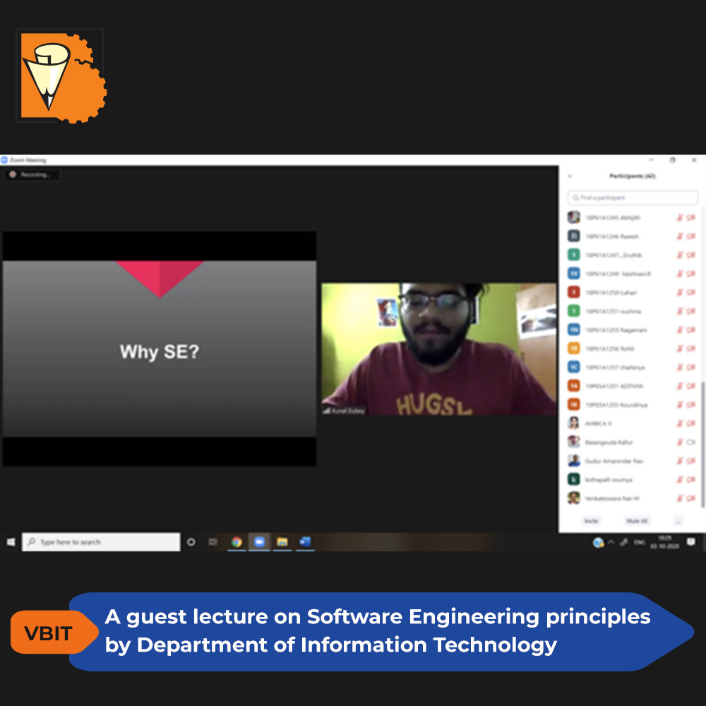 VBITHYD's tweet image. Department of Information Technology organized a guest lecture on Software Engineering Principles by Mr. Kunal Dubey, software development Engineer, Technovert & Alumni-IT.
Visit us: vbithyd.ac.in
#IT #SoftwareEngineeringPrinciples #Technovert
#VBIT #EngineeringCollege