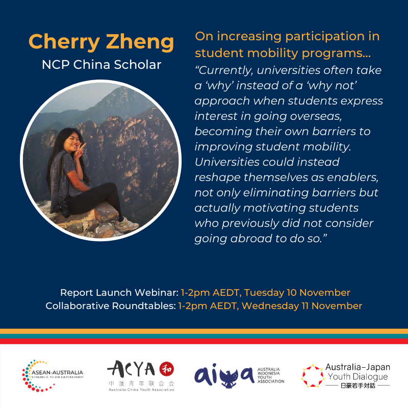 🚀  Tune in to hear Cherry Zheng on increasing participation in student mobility programs....

Register and learn more here:
➡ieaa.org.au/events/event/h…
➡ieaa.org.au/events/event/e…

#mobilitydialogue2020 #IPSMYD2020 #ausyouthdiplomacy #aasyp #ausaseanyouth