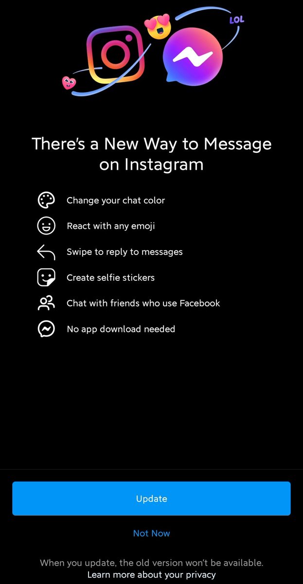 Shush_bharat's tweet photo. Congratulations, now your Privacy is totally fucked up on Insta as well...linking Messanger n Insta😌
#instagramupdate #instagram https://t.co/zgISKhNIqe