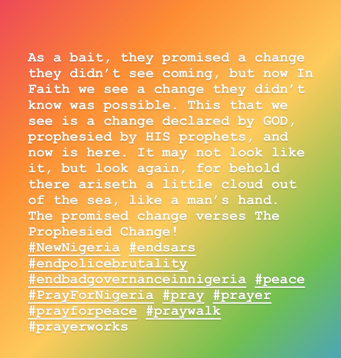 Benjamin_Maji's tweet photo. The promised change verses The Prophesied Change!
#NewNigeria #endsars #endpolicebrutality #endbadgovernanceinnigeria #peace #PrayForNigeria #pray #prayer #prayforpeace #praywalk #prayerworks https://t.co/Kn7RA4yns3