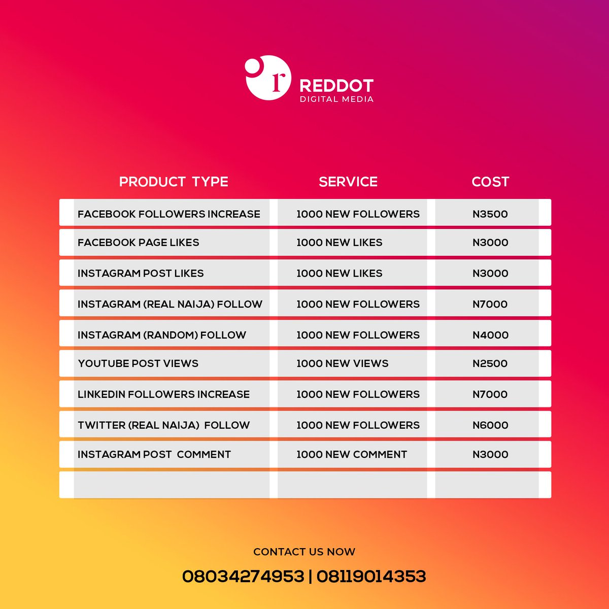 reddotdigimedia's tweet image. #reddotdigitalmedia 
#reddotdesign 

Are you looking to increase your reach, followers, engagement and sales?

Let us help you have more people see your services.

Hit us.

#instagramgrowth #instagram #instagramfollowers #followersincrease #Mourinho #indomie #FasholaCamChallenge