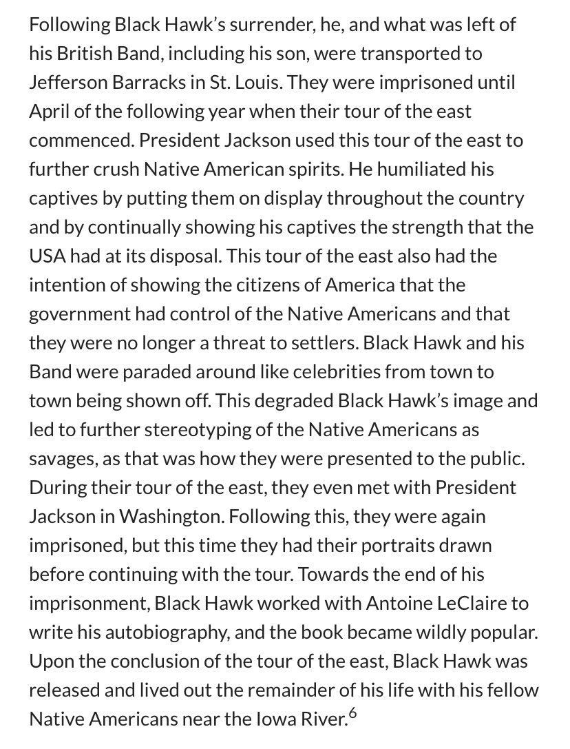 also Black Hawk was a real leader who was held captive & toured around the country by the government as a show of military might. when he died settlers dug up his bones to try to put them on display. his strength on behalf of his people was twisted & propagandised all his life.