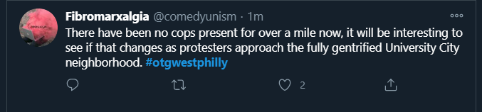 Commies celebrate the hands off approach of the nefarious polizei for the last mile of their long march to utopiaor the "fully gentrified University City neighborhood" as they call it...They appear to want the Bourgeoisie to hear of their struggle.