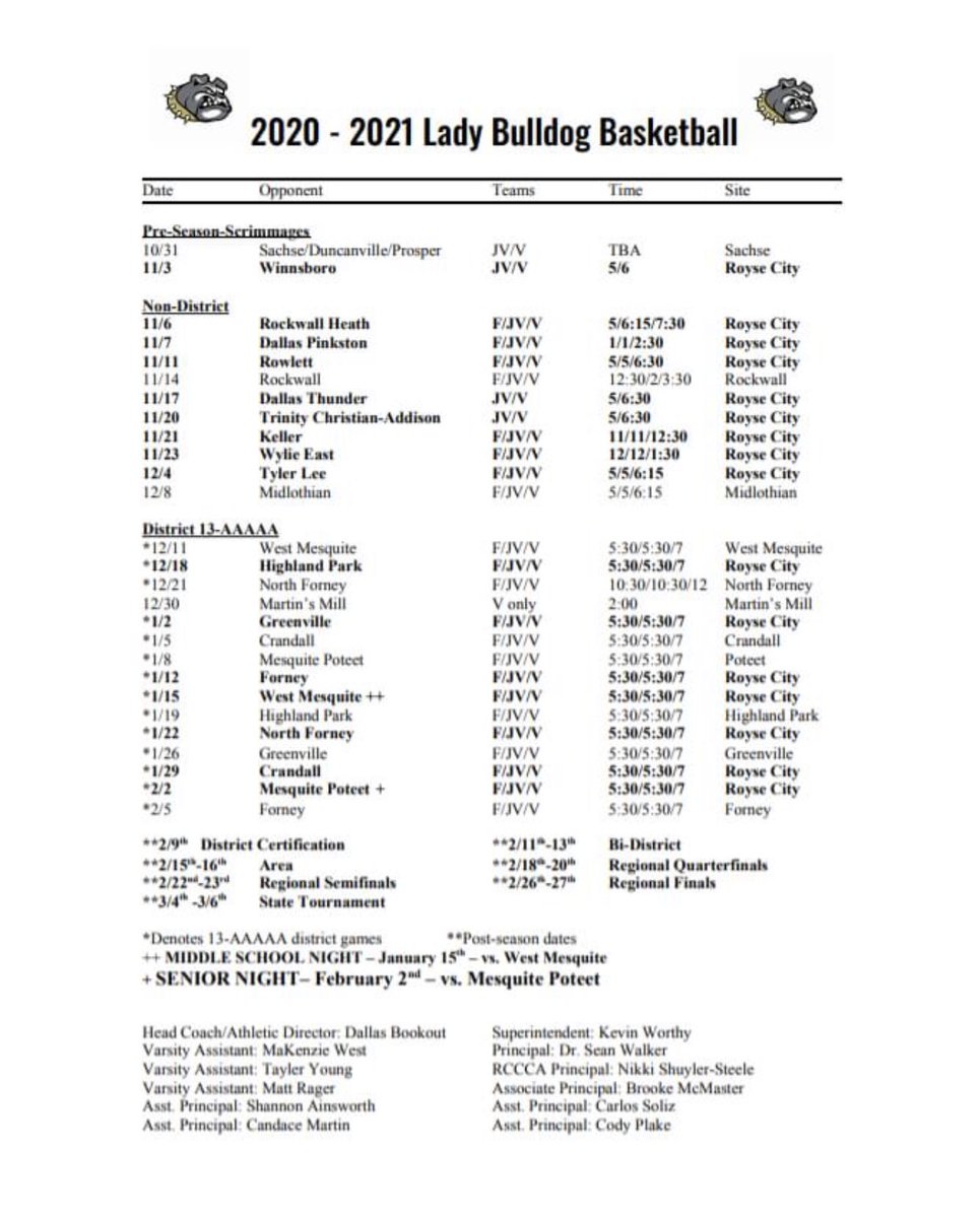 📌 The 2020-2021 schedule is here! Take a screenshot, save it to your photos, and mark it on your calendars because you will not want to miss this season! 🏀 

* Please note that all dates and times are subject to change at any time due to our current times.