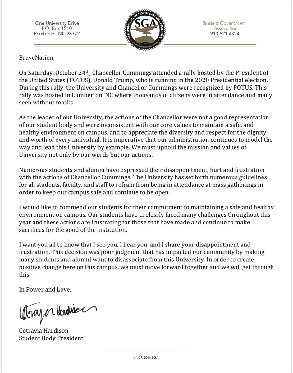 I’m fully aware that these frustrations may not apply to every student and that’s okay. The purpose is to address what has happened and what many of our students and alumni have shared with me. Also, yes, it still would have been wrong if it were Biden.