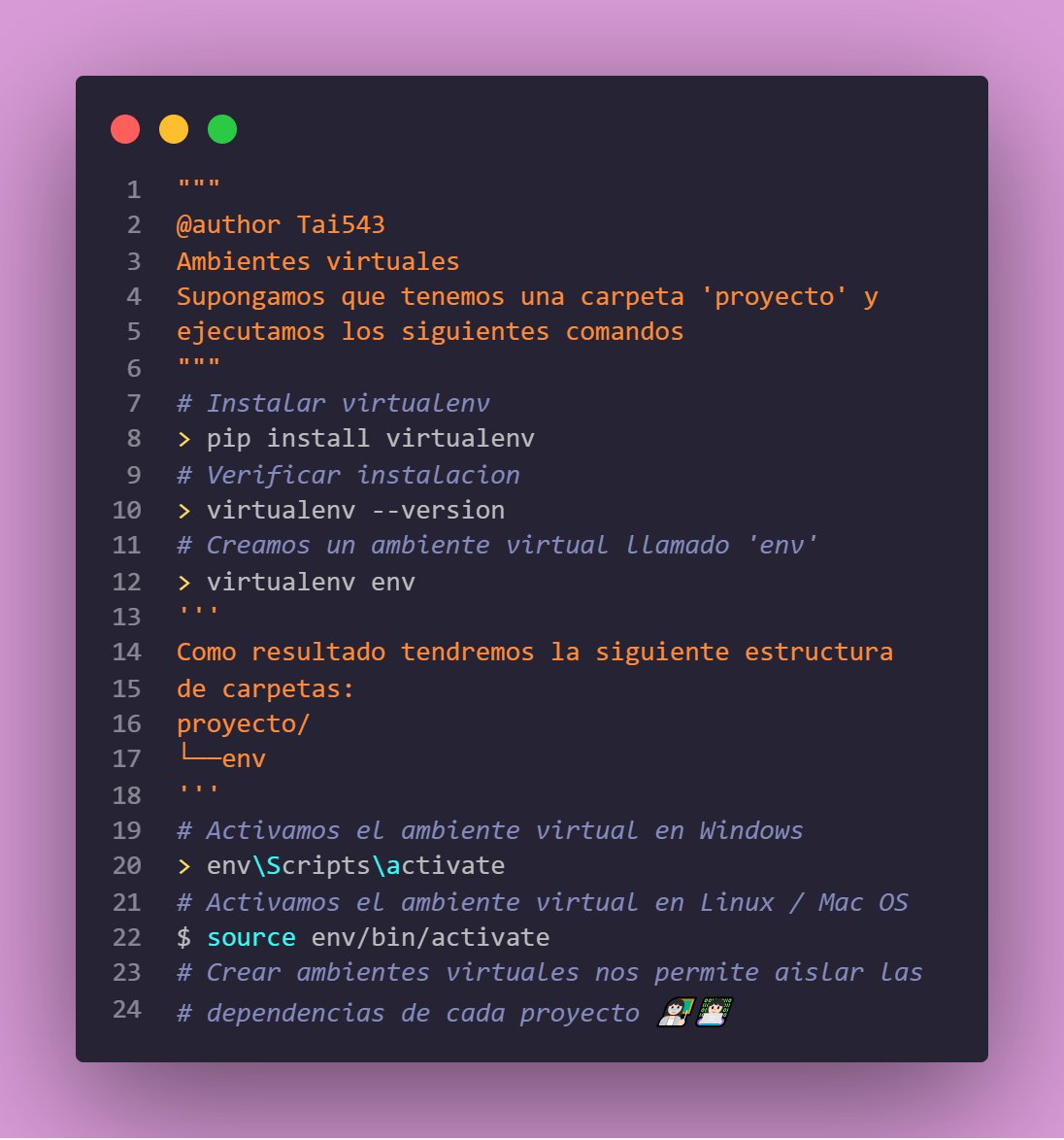 MoonLover543's tweet photo. Day 22 #100DaysOfCode
Es una muy buena práctica crear ambientes virtuales cada vez que empecemos un proyecto en #python
#pythonprogramming #pythoncode #WomenWhoCode #wwcode #womenintech #GirlsWhoCode #programmer #Software #coding #codelife #computersience
#programinglife https://t.co/iSKh3dfTQ3