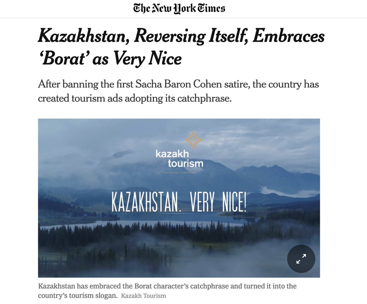 NYT headline on Kazakhstan embracing Borat for its tourism campaign