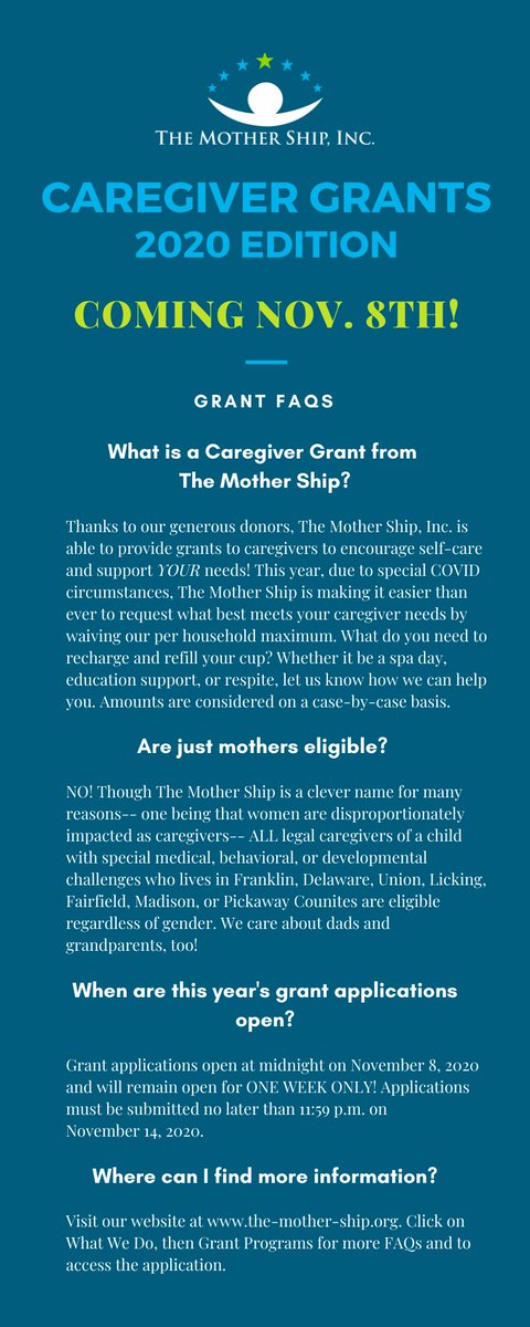 The 2020 Caregiver Grant application will be open November 8th!! Watch our website and social media for more information. Here are just a few FAQs about this year's grant program.