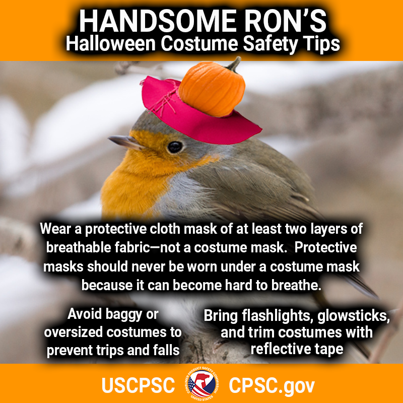 A european robin in a sunhat with a pumpkin on their head. The text reads: Wear a protective cloth mask of at least two layers of breathable fabric - not a costume mask. Protective masks should never be worn under a costume mask because it can become hard to breathe. Avoid baggy or over sized costumes to prevent trips and falls. Bring flashlights, glowsticks, and trim costumes with reflective tape.