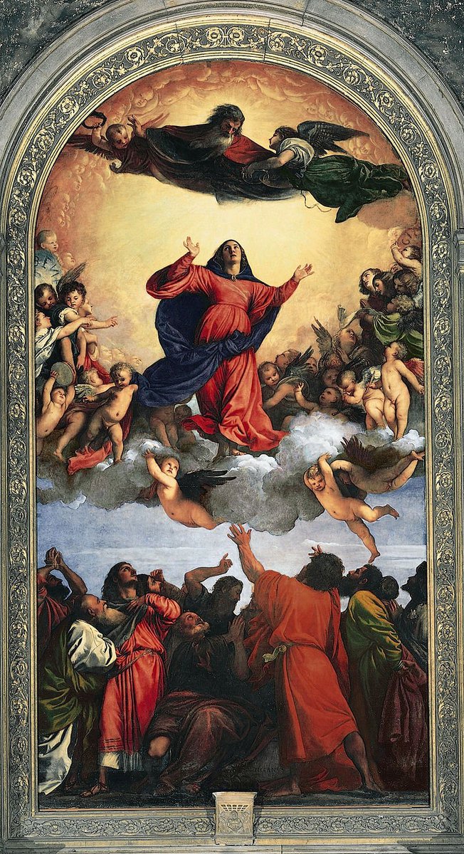 The same red color is found in Renaissance art, where it was called vermillion, an old French word meaning "worm", referencing ancient use of insect 'Kermes vermilion'.Here's Titian's "Assumption of the Virgin" 1518: the reds are all cinnabar based. #HistoryofRed