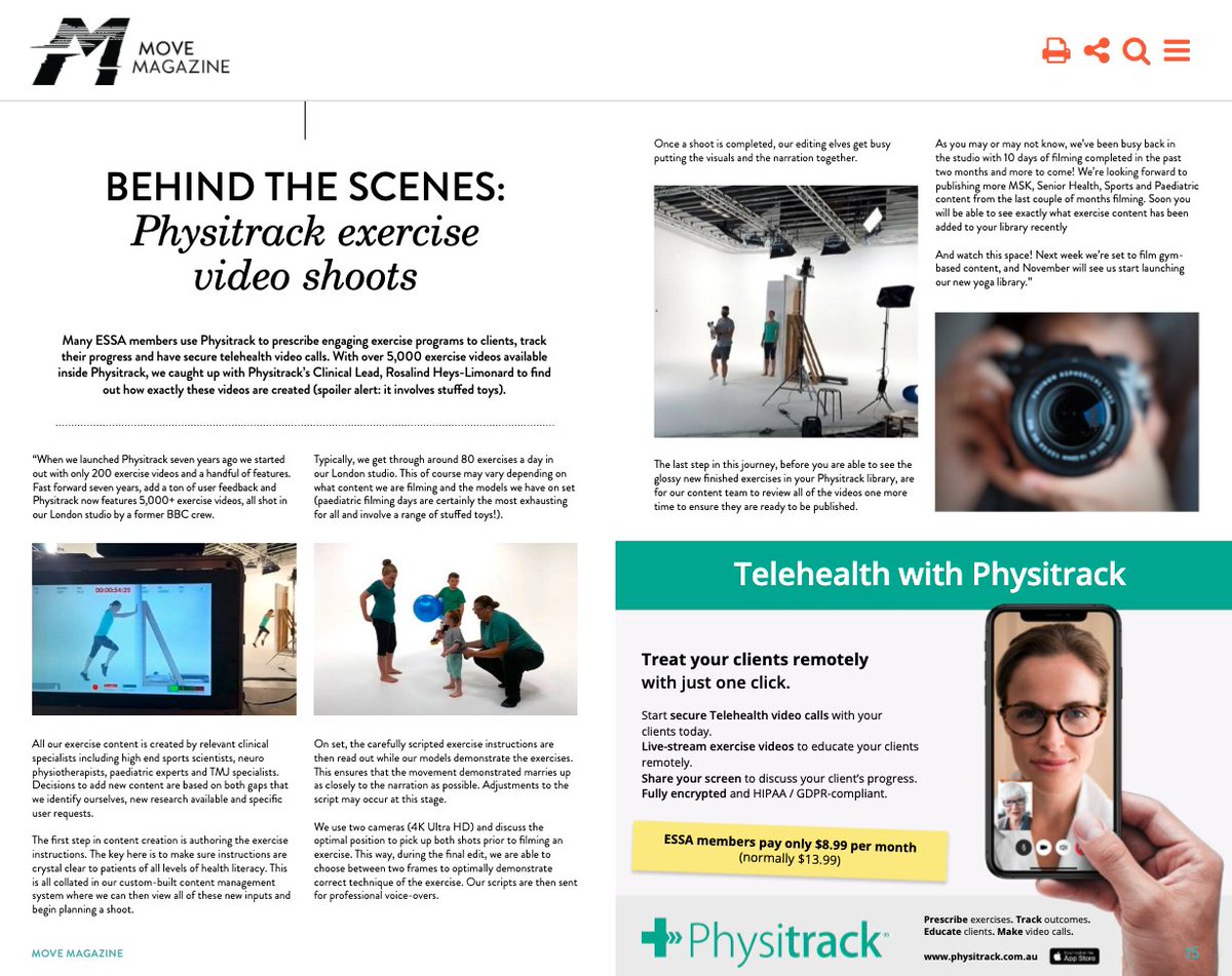 Thank you <a href="/ESSA_NEWS/">ESSA</a> for featuring us in this month's MOVE magazine! It was great talking about the work that goes into our video shoots (including stuffed toys). 

movemagazine.partica.online/move-magazine/…

#exercise #digitalhealth #ehealth #telehealth #ExerciseIsMedicine