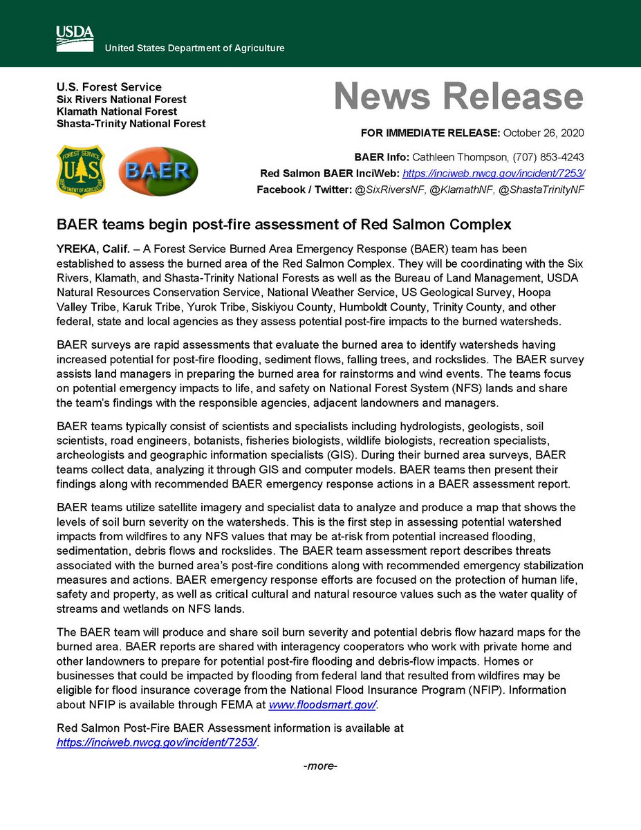ShastaTrinityNF's tweet image. Burned Area Emergency Response #BAER teams begin post-fire assessment of the #RedSalmonComplex Fire

PDF of press release: tinyurl.com/redsalmonbaer More info at: inciweb.nwcg.gov/incident/7253/.

@SixRiversNF @Klamath_NF @ShastaTrinityNF