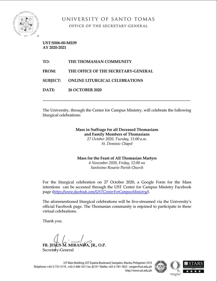 LOOK: Online Liturgical Celebrations in suffrage for Deceased Thomasians and Family Members of Thomasians (Oct. 27, 11:00 a.m.) and in honor of the Thomasian Martyrs (Nov. 6, 12:00 n.n.).

All are encouraged to join in these celebrations.